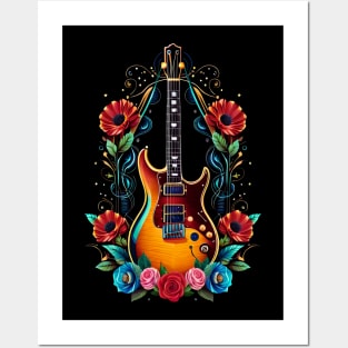 Electric guitar with colorful flowers 31 Posters and Art